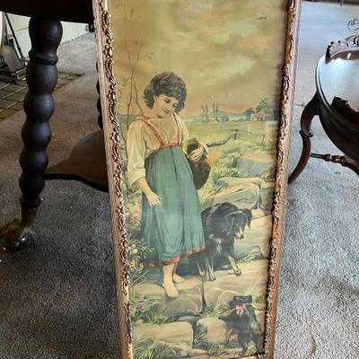 Antique late 1800s advertising print by the Great Atlantic and Pacific Tea Company, featuring a girl and her two dogs in a nature setting. 