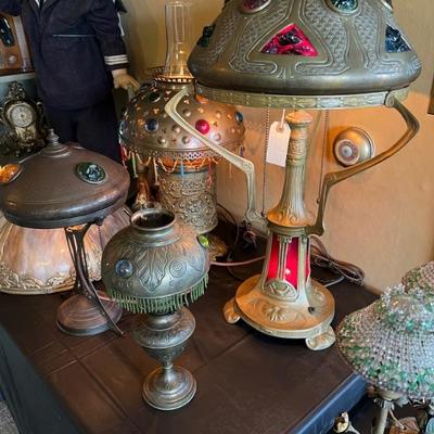 Art Nouveau Secessionist Brass and Multicolored Faceted Glass Stones Table Lamps, both kerosene and electric 