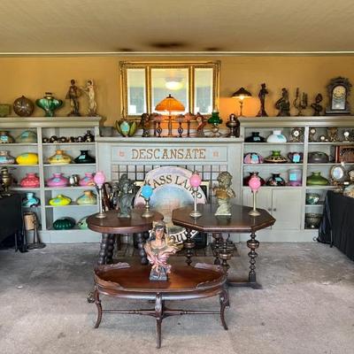 Large assortment of collectible antique lamps, lamp shades, lamp parts and clocks