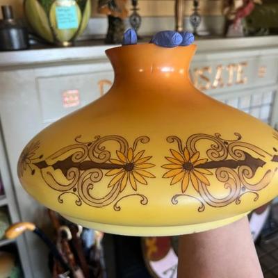 10 inch Tam O Shanter Lamp Shade attributed to Handel. Glass kerosene shade featuring a yellow, orange, and brown floral design. 