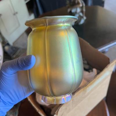 Gold Aureen Iridescent Glass Tulip Lamp Shades (Pair); resembles similar designs by Quezal Art Glass, Steuben, Tiffany and Lustre Arts