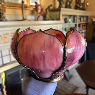 Circa 1890-1900 Bent Slag Glass Paneled Lotus Flower Shade in beautiful white and pink and purple colors