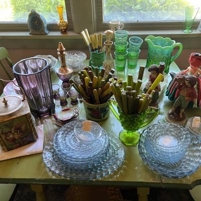 Vintage and antique glassware, including carnival glass and vaseline glass