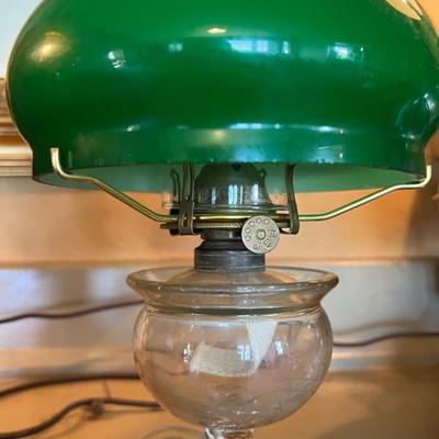Vintage B&P oil lamp with green glass shade