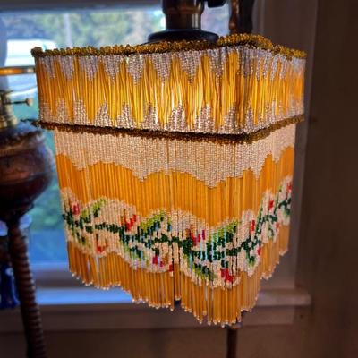 Gorgeous antique standing lamp with yellow and multicolor beaded shade