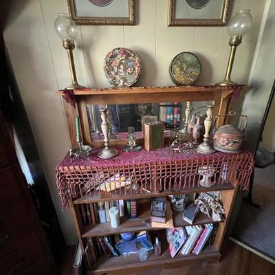 Vintage bookshelf with plate rack notch on top. Nice skinny depth.