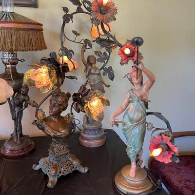 Dozens of antique table lamps from the art deco and art nouveau periods. 