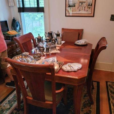 Wooden inlaid dining table and 4 chairs