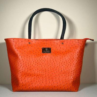 GUCCI OSTRICH BAG | Gucci orange ostrich leather purse with black leather handles and a large center pocket. - l. 16 x w. 4 x h. 12 in
