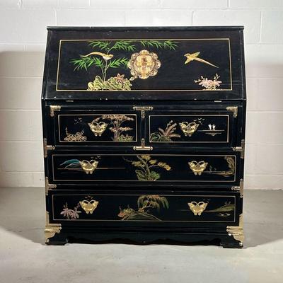 CHINESE CHINOISERIES DESK | Black Lacquer Drop Front Desk with gold Chinoiseries decoration. 2 over 2 drawers. - l. 36 x w. 18 x h. 40 in