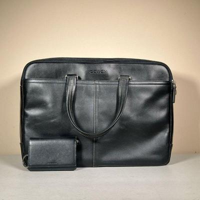 COACH LEATHER BAG & WALLET | New with tag, black leather computer bag with multiple pockets and large strap included, comes with a black...