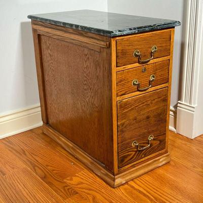 MARBLE TOP FILING CABINET | Oak Filing Cabinet with green marble top. Two single drawers over one file drawer. - l. 15 x w. 29.5 x h. 28 in