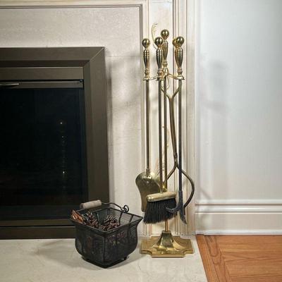 (2PC) BRASS FIREPLACE TOOLS | Brass Fireplace tool set with 4 tools on a matching stand, with a small black mesh basket with bail handle....