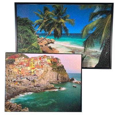 (2PC) FRAMED TROPICAL PUZZLES | Framed and completed tropical puzzle featuring beach & palm trees. - w. 49.5 x h. 33.5 in