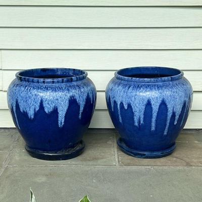 (2PC) PAIR GLAZED CERAMIC PLANTERS | Blue glazed planters/garden pots with drainage hole and separate base. - h. 15 x dia. 15 in
