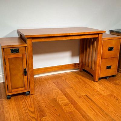 (3PC) ARTS & CRAFTS STYLE DESK SET | (3) Piece Desk Set includes a writing table/desk, side cabinet with a drawer over a cupboard door,...