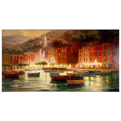 EUROPEAN SEASIDE SCENE | Canvas giclee print depicting a seaside European city with shops and rolling hills in the background. - l. 48 x...