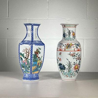 (2PC) HAND-PAINTED CHINESE VASES | Decorated with colorful floral patterns and scenes from China with Chinese text. - h. 12.5 x dia. 7 in