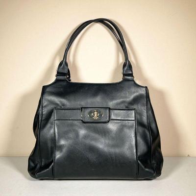 KATE SPADE BLACK HANDBAG | Black leather purse with striped lining. - l. 13 x w. 4 x h. 19 in