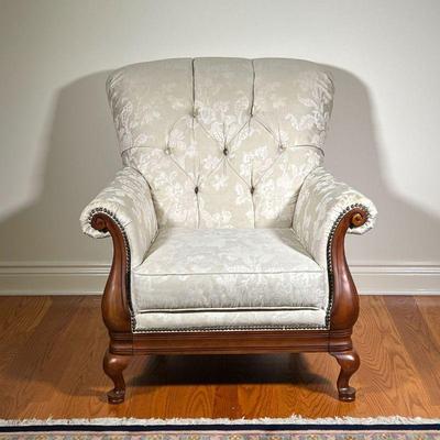 BROYHILL FRENCH STYLE ARMCHAIR | Broyhill Armchair with cream damask upholstery. - l. 36 x w. 40 x h. 40 in