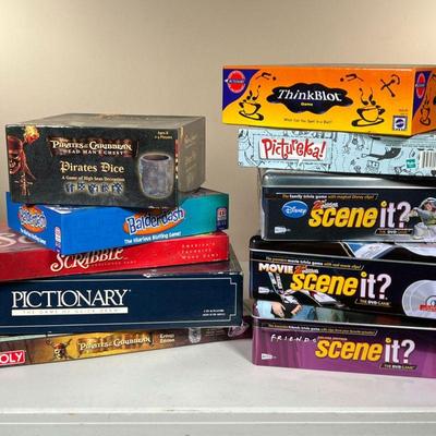 (10PC) BOARD GAMES | Includes: 3 versions of Scene it? (Friends, Movie 2nd Edition, and Disney 2nd Edition); Pirates of the Caribbean...
