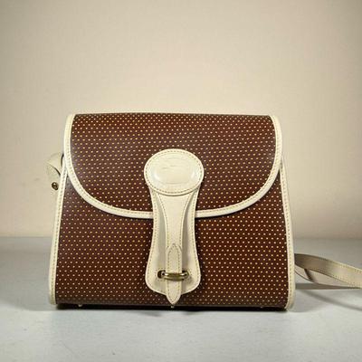 DOONEY & BOURKE BROWN & WHITE LEATHER SHOULDER BAG | Purse with a brown leather body with a white leather border and strap with yellow...