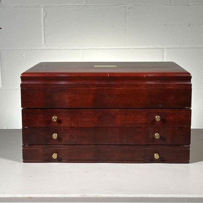JEWELRY CHEST | Initialed J.C.B., jewelry box with 3 burgundy lined drawers and hinged top for necklaces, rings, and other jewelry. - l....