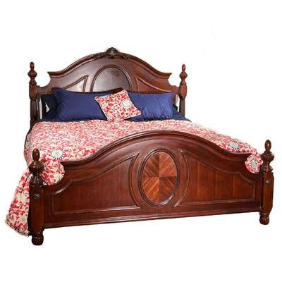 CARVED MAHOGANY KING BED | Fancy wood king bedframe with contrasting inlay and shell carvings; sold with a Beautyrest king-size mattress....