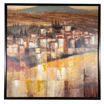 MODERNIST GICLEE | Depicts a small town by a river with accented textured paint markings. - w. 37 x h. 37 in