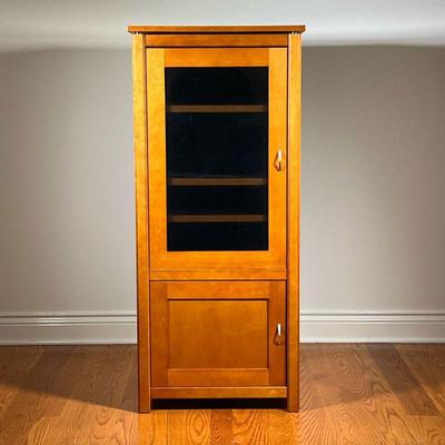 STEREO CABINET | Wooden media cabinet with an upper glass door with three shelves over a bottom cabinet with one shelf. - l. 24 x w. 24 x...