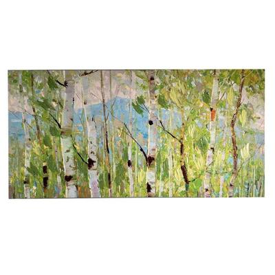 MODERN ART PRINT WITH PAINT APPLIQUÃ‰ | Features birch trees in a forest with oil paint appliquÃ© accents. - l. 34 x h. 17 in
