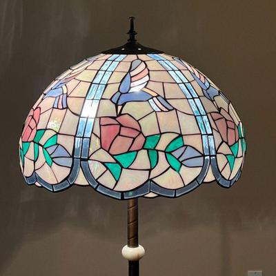 LEADED GLASS FLOOR LAMP | Cast metal base with spiraling stalk and beautiful hand-made leaded glass lamp featuring birds. - h. 61.5 x...