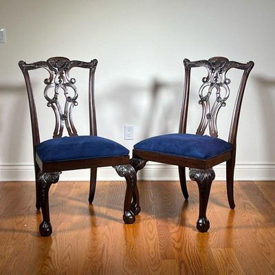 (2PC) ETHAN ALLEN SIDE CHAIRS | Pair of Chippendale-style carved wood chairs, Ethan Allen, with dark blue fabric upholstered seats, ball...