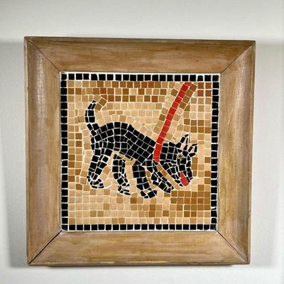 FRAMED TILE ART | Mid-century tile mosaic art of a black puppy with red collar, signed on back A Lanria '58. - l. 14.5 x h. 14.5 in