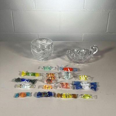 (23PC) MURANO GLASS CANDIES | (21)) Murano Glass Wrapped Candies and a Cut Glass Nappy and Glass Bowl to display. - l. 3.75 x w. 1.25 in...