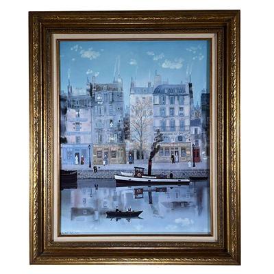 MICHEL DELACROIX PRINT | French canal and street scene with figures in a boat, signed in the print 