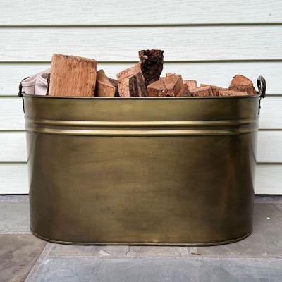 BRASS FINISH WASH BOILER | Brass Finish Wash boiler, being used as a fireside wood / log holder. - l. 24 x w. 12 x h. 13.5 in