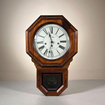 ETHAN ALLEN REGULATOR CLOCK | Dark wood hanging wall clock with Westminster Chime. - l. 13 x w. 5 x h. 20 in
