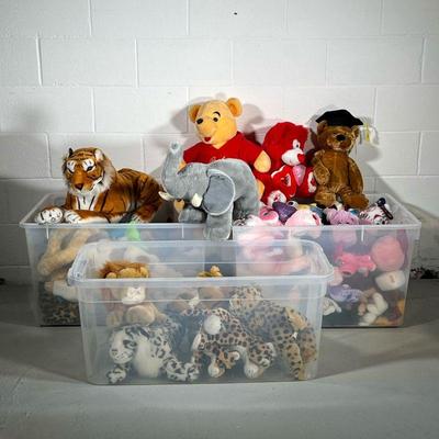 LARGE LOT STUFFED ANIMALS | 3 large plastic containers of stuffed animals and plushies.