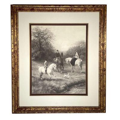 FAMILY ON HORSEBACK PRINT | Showing a mother, father, and son on horseback near a stream with small dog in red and gilt frame, 16 x 20 in...