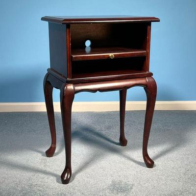 DARK WOOD END TABLE | Dark wood end table with interior shelf. - l. 16 x w. 12 x h. 25.5 in