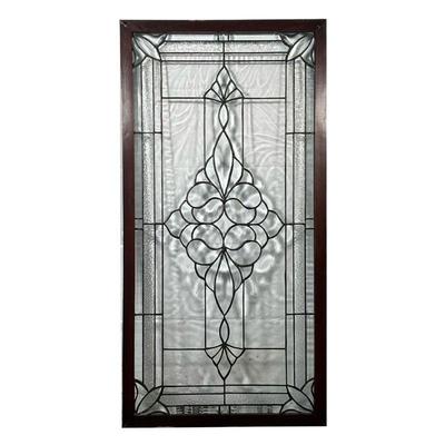 DECORATIVE LEADED GLASS WINDOW | Hand-made leaded glass window with floral design in middle and accents on corners in wooden frame. - l....