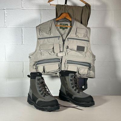 (3PC) ORVIS FLY FISHING VEST, WADERS & BOOTS | Includes: Orvis Vest XL Orvis Waders XL Orvis Wading Boots size 13.