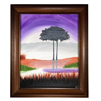 OIL PAINTING OF TREE BY POND | Oil Painting signed AJB Tree by Pond. - l. 20.25 x h. 24.5 in (With Frame)
