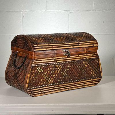 WOVEN WICKER CHEST | Distressed wood and wicker dome-shaped chest with handles. - l. 20 x w. 10.5 x h. 12.5 in