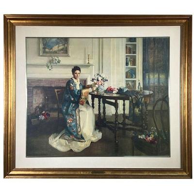 BLUE KIMONO BY MARGARET PEARSON | Print Blue Kimono in Gold Frame with Brass Artist tag. - l. 38.5 x h. 33 in