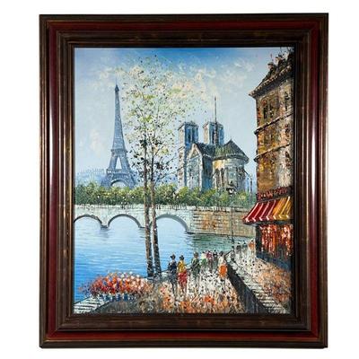 BURMAN EIFFEL TOWER OIL PAINTING | Framed oil of Paris scene with the Eiffel Tower. Signed Burman. - l. 26 x h. 29.5 in (w/frame)