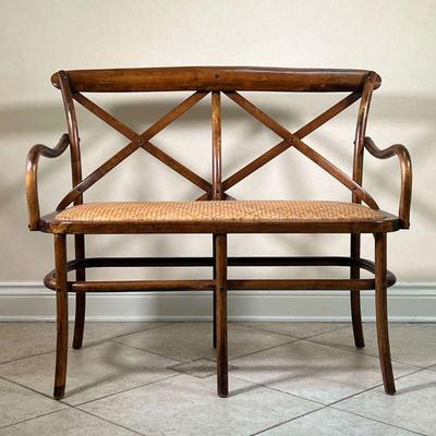 BENTWOOD BENCH WITH WOVEN CANE SEAT | Bentwood Bench with X backrest. Woven Cane Seat. - l. 39.5 x w. 21 x h. 35.25 in