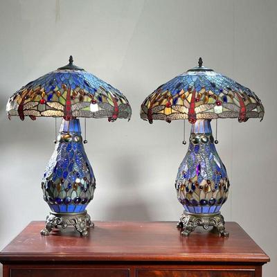 (2PC) DRAGONFLY LEADED GLASS LAMPS | Pair of leaded glass lamps with Dragonfly decoration. - h. 26 x dia. 16.5 in (Lamp H. Shade Dia)