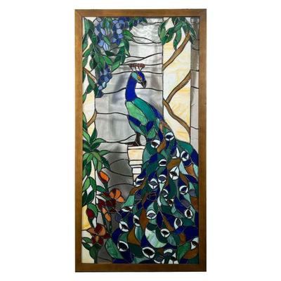 STAINED GLASS PEACOCK WINDOW | Stained leaded glass peacock with flora and fauna, framed with hanging hardware. - l. 20.25 x h. 40.25 in